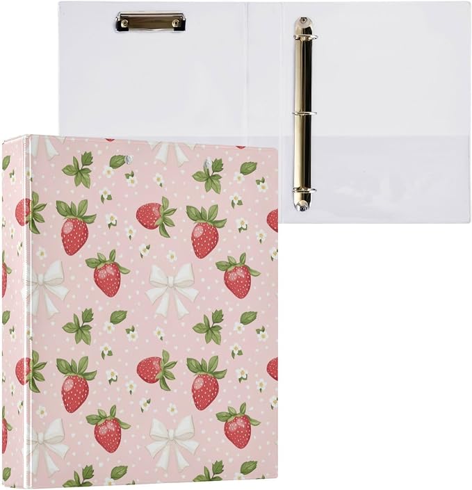 Strawberry 3 Ring Binder, 1.5 Inch Round Ring Binders Pink Clipboard Work Binders Organizer with Pockets Holds 200 Sheets for School Office Home 1 Pack