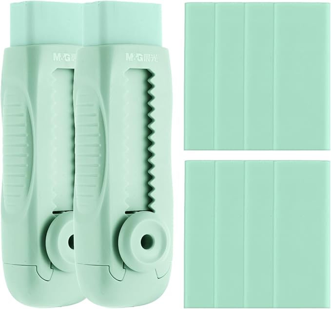 M&G 8+2 Pack Rubber Erasers Sliding Retractable Eraser, Soft Cute Erasers Push Pull Large Pencil Eraser with Plastic Sleeve 8 Refill Eraser for Students Kids, School Office Home Supplies (Green)