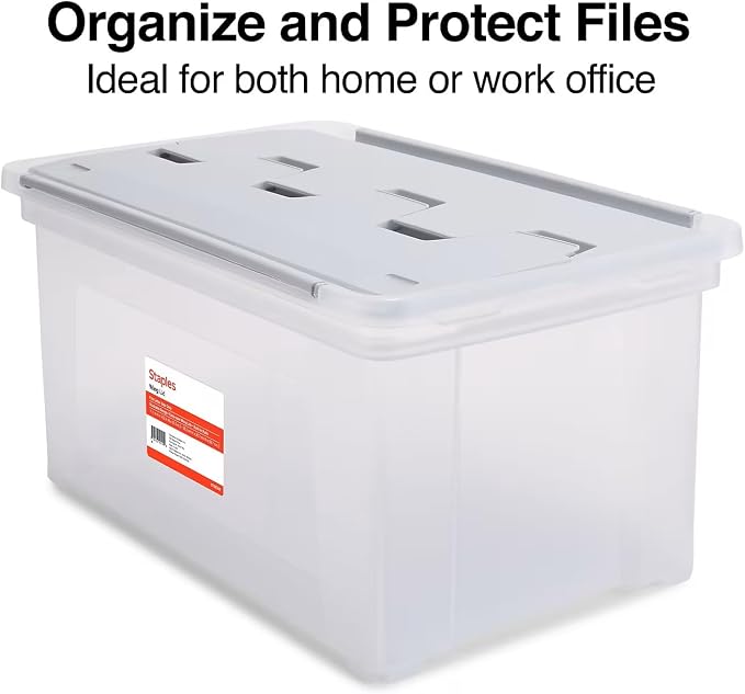 STAPLES Wing Lid File Totes, Letter Size, Clear, 2/Pack | Stackable storage totes for transporting and organizing hanging files.