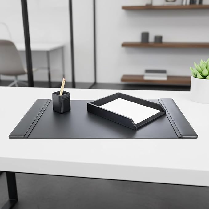 Genuine Top-Grain Black Leather 3-piece Desk Set