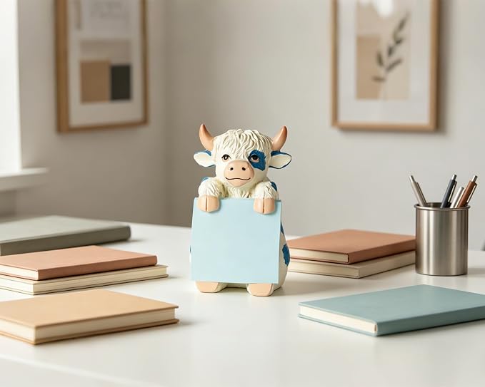 Highland Cow Pop-Up Sticky Note Dispenser for 3 x 3 in Notes, Blue | Includes 100 sheets, handmade resin desk decor for office, home or classroom, gift for teacher, coworkers and cow lovers