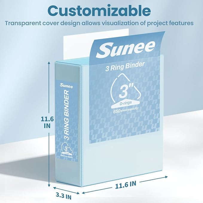 SUNEE 3 Ring Binder 3 Inch D Ring, Clear View Binder Three Ring PVC-Free (Fit 8.5x11 Inches) for School or Office Supplies, Pastel Blue, 1 Pack