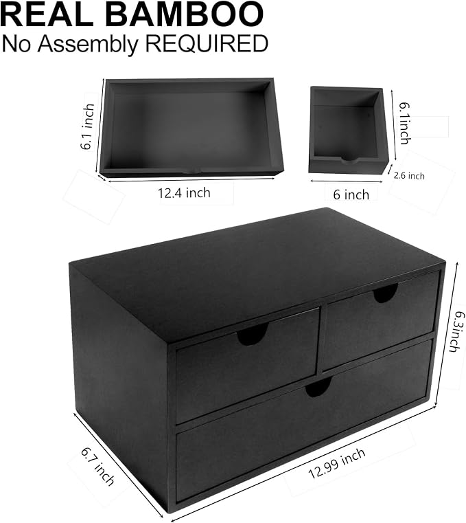 Charmewooden Bamboo Desk Organizer with 3 Drawers, Countertop Organizer with Drawers Makeup Storage Drawer 3 Drawer Tabletop Storage Organization Box Home Office Workspace（Black）
