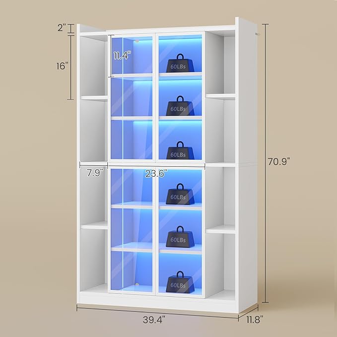 SEDETA 71" Tall 6-Tier Display Cabinet with Doors and Adjustable Shelves | Display Cases for Collectibles,Curio Cabinet with LED Lights & Acrylic Glass Doors for Bedroom Living Room Office,White
