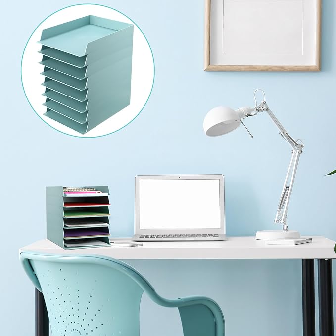 Tatuo 8 Pack Stackable Paper Trays Plastic Letter Tray Desk Organizer Paper Holder Organizer Storage Office Desk Accessories for Classroom Magazine File Documents 12.8 x 9.45 x 1.97, Blue Green