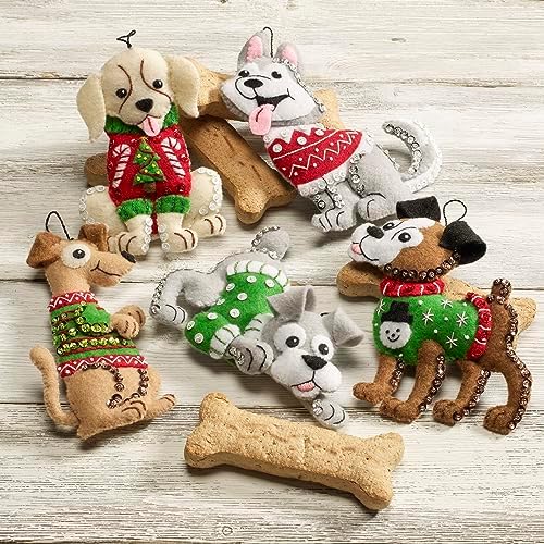 Bucilla Felt Applique 6 Piece Ornament Making Kit, Dogs in Ugly Sweaters, Perfect for DIY Arts and Crafts, 89295E
