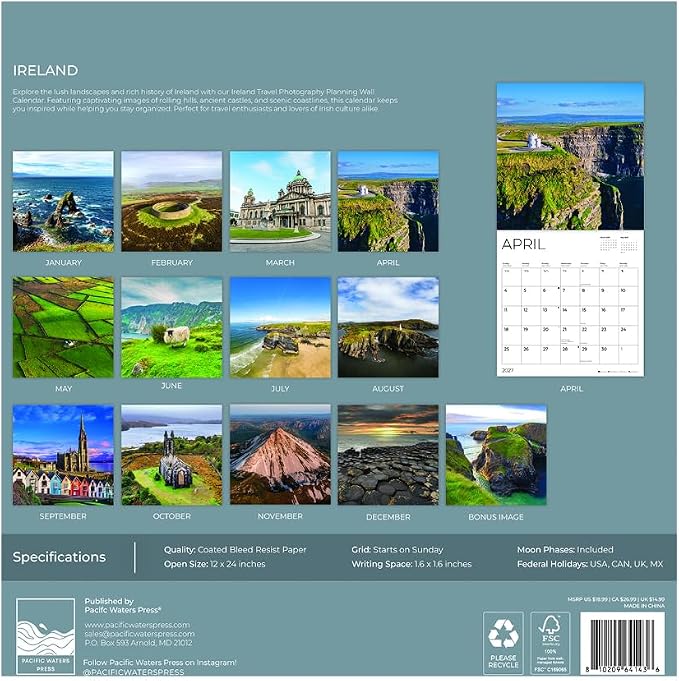 Ireland 2027 Wall Calendar, 12 x 24 Hanging Pacific Waters Press