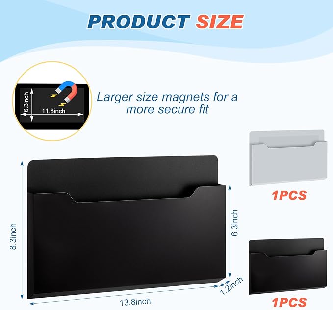 Feifeiya 2 Pcs Magnetic File Folder Wall Hanging Holder Large Pocket Paper Magazine Mail Organizer for Refrigerator Classroom Locker Whiteboard(Horizontal,Black Grey,13.8 x 8.3 Inches)