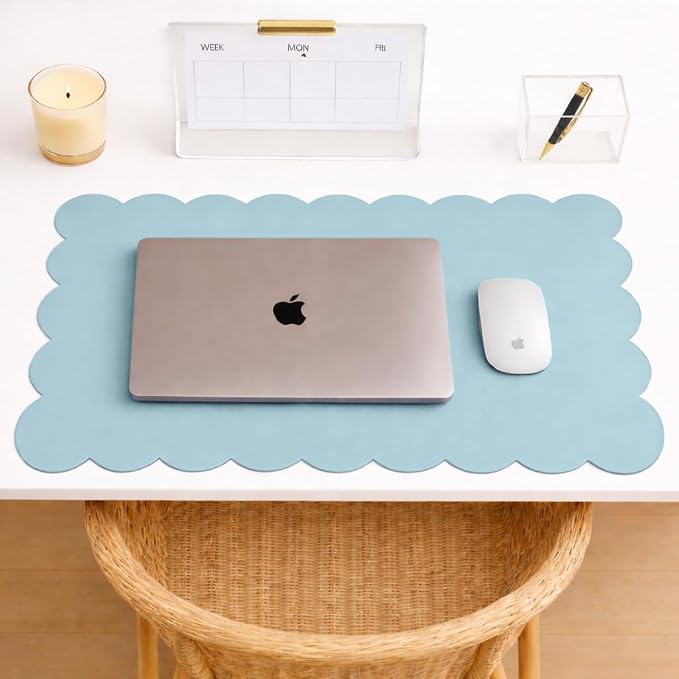 Orelle Scalloped Desk Mat | Vegan Leather Desk Mat for Keyboard and Mouse, Laptop, Makeup Vanity | Computer Desk Pad Mat | Office Desk Cover Mat | Desk Blotter Mat | 30 x 15” | Blue