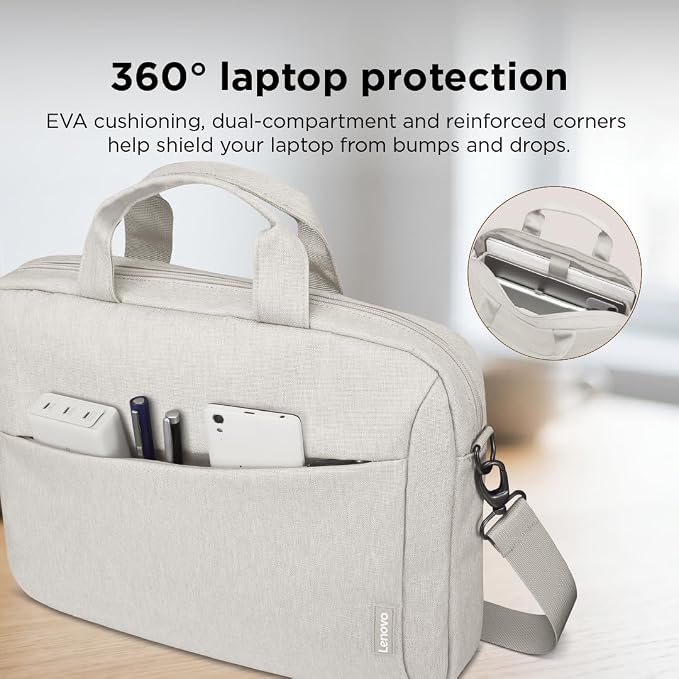 Lenovo 16" Laptop Bag T210 (ECO), Water-Resistant Laptop Sleeve Case with EVA Protective Padding, Dual Compartments, Travel Strap, Eco-Friendly Recycled Material, Fits Up to 16-Inch Laptops, Beige