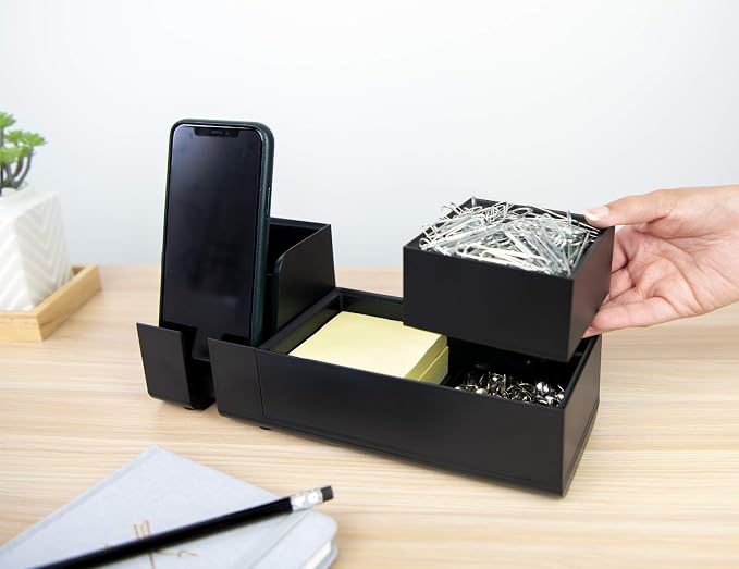 Bostitch Office Konnect Desk Organizer and Charging Station, 2 USB Ports & 2 Plugs, Charges Phones & Tablets, Accessory Tray, 4-Piece Design, Black