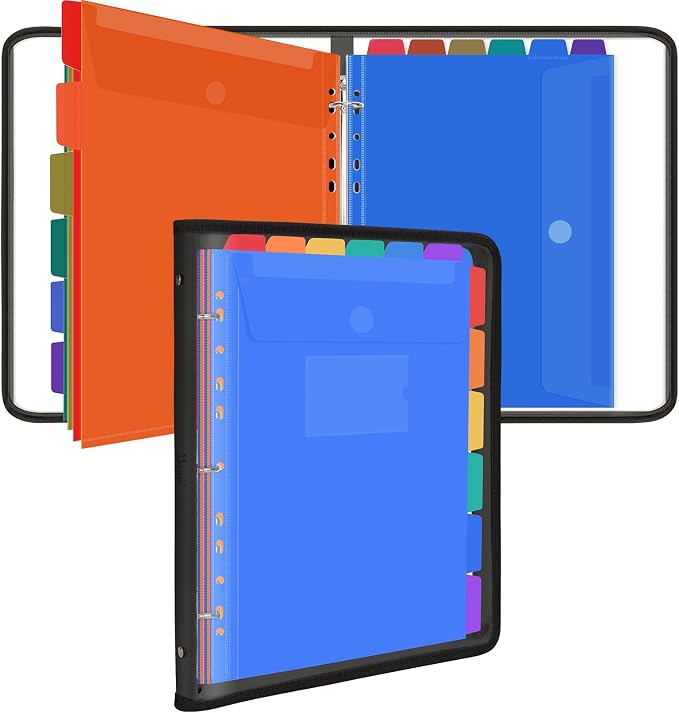 Uquelic Document Organizer, Soft PVC 3 Ring Binder with 12 Pockets | Colorful Zipper Binder with Dividers Letter Size, Large Capacity Cute Folder for School, Office & Home Use (Black)