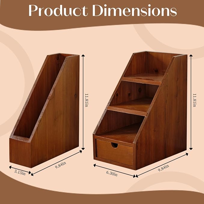 Vintage Wooden Desk Organizer Set of 2 - Wood Desktop File Holder & Shelf with Drawer - Rustic Office Storage for Books, Folders, Mail & Supplies - Matching Organizer for Home Office Desk
