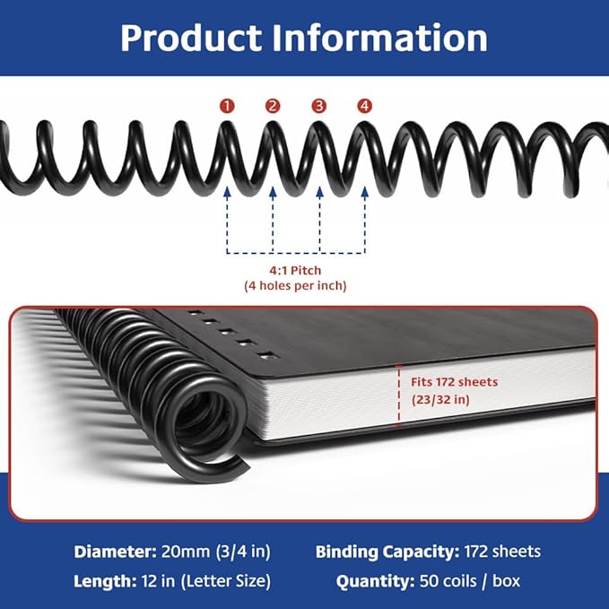 20mm (3/4 in.) Spiral Binding Coils for Reports, Presentations and Proposals | 4:1 Pitch | 12 in. Length | Black | 172 Sheets Binding Capacity | 50 Pack