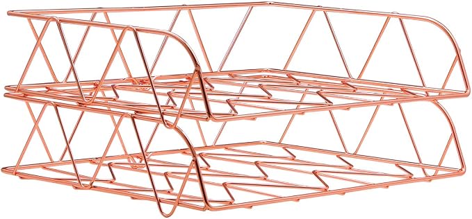 2 Packs Desktop File Organizer Metal Stackable Horizontal Letter Tray Paper Holder Rack, Rose Gold