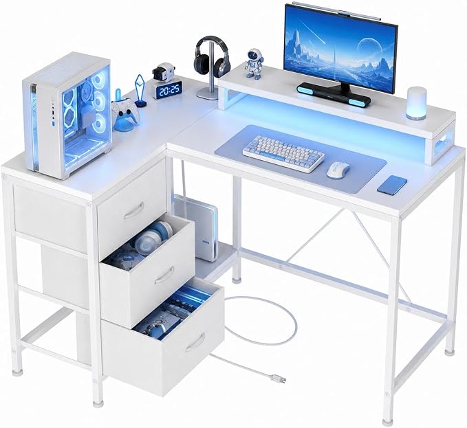 Garvee L-Shaped Computer Desk with Power Outlets & LED Lights - 43-Inch Reversible Corner Gaming Desk with 3 Drawers, Storage Shelves & Removable Monitor Stand, Modern Home Office Desk