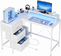 Garvee L-Shaped Computer Desk with Power Outlets & LED Lights - 43-Inch Reversible Corner Gaming Desk with 3 Drawers, Storage Shelves & Removable Monitor Stand, Modern Home Office Desk