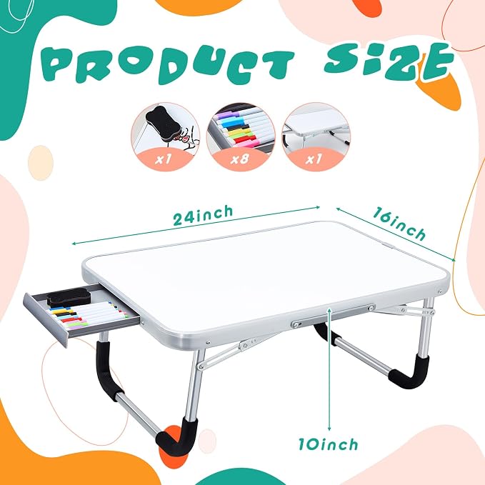 Suzile 1 Pc Portable Lap Desk with Dry Erase Board, 24" x 16" Foldable Study Tray with Drawer, Markers & Eraser, Whiteboard for Art, Homework, First Day & Back to School Supplies