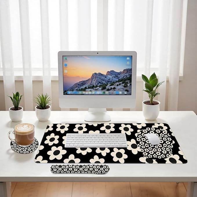 Flowers Mouse Pad Set Minimalist Retro Daisy Gaming Mousepad 4in1 Desk Mat for Desktop Wrist Support Cup Coaster Set Ergonomic Computer Desk Arm Wrist for Decor Home Office