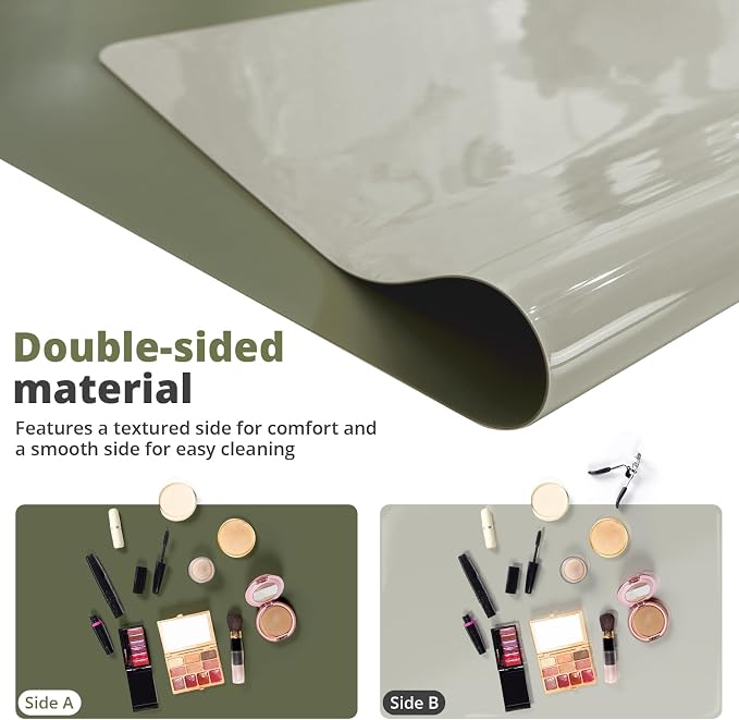 LovePads Makeup Mat for Vanity, 17" x 28" PVC Desk Mat & Dresser Cover Top | Waterproof Desk Protector, Vanity and Desk Accessories; Wipes Clean, Ideal for Writing, Nail Art, Craft Table, Green+Grey