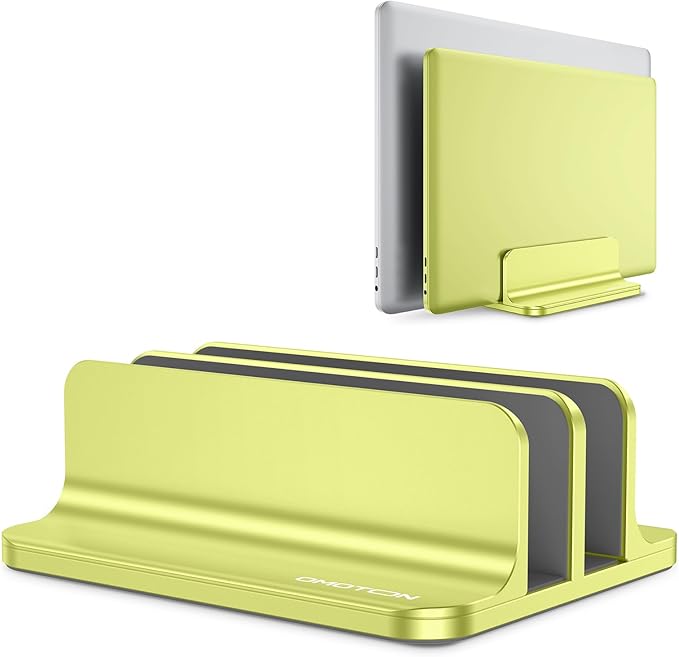 OMOTON Dual Vertical Desk Laptop Stand Holder, Fits MacBook Air/Pro, Citron | Aluminum Laptop Storage Rack for Desk, Adjustable Dock for Up to 17.3 in. Gaming Laptop, Space-Saving Desk Organizer