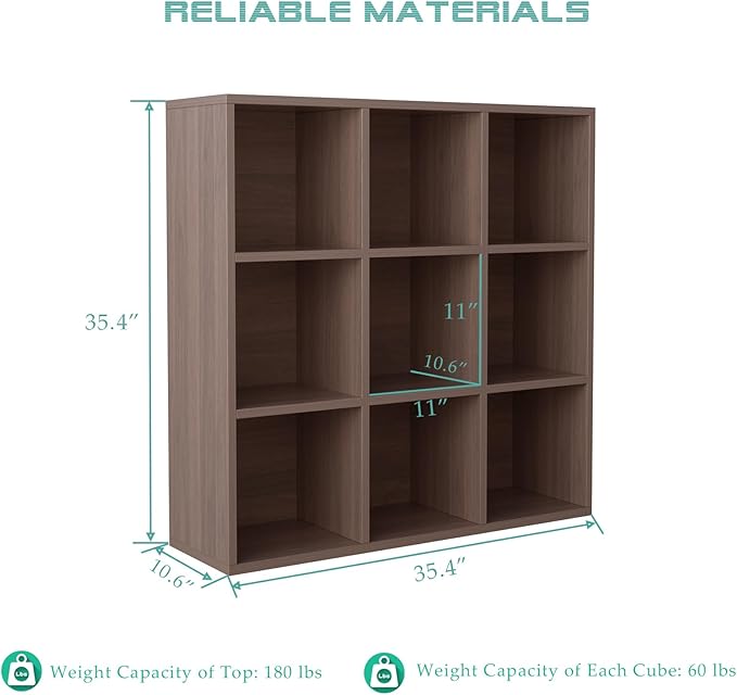 9-Cube Storage Shelf Bookcase, Walnut | Wooden 3-Tier Open Bookshelf, Fits 11×11" Bins, Vertical or Horizontal Use, Full Back Panels, For Home Office