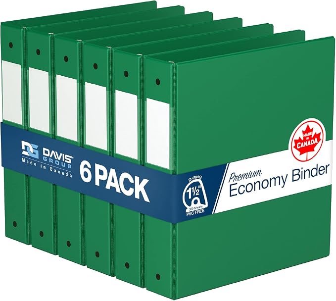 Premium Economy 6-Pack 3-Ring Binders for School or Office, D-Ring Binders, 1.5 Inch, Green | Heavy-duty binder, fits 8.5" x 11" paper, green, customizable spine, made in Canada, ideal for school or office use