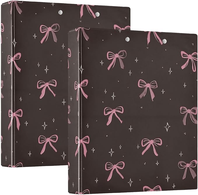 Cute Pink Bows Dark Brown Round Ring Binders 1.5 Inch 3 Ring Binder with Clipboard Holds 200 Sheets Office Home School