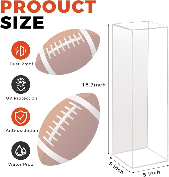 Clear Football End Zone Pylon Display Case with Mirrored, Acrylic Shadow Box for Football End Zone Pylon UV Protecting Game Day, 18.7" H x 5" L x 5" W
