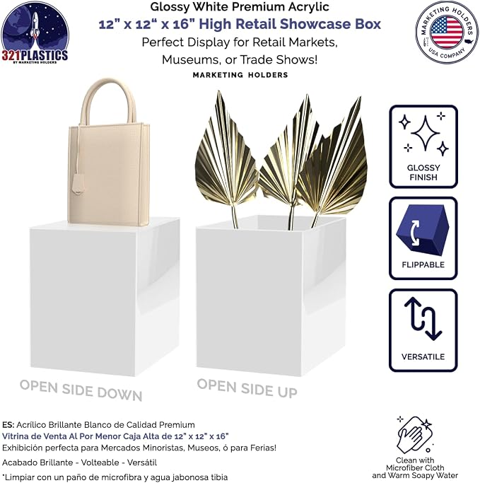 Marketing Holders 4 Pack 12" x 12" x 16" Riser White Acrylic Display Box with One Open Side No Lid Versatile Tall Retail Product Throne or Merchandise Storage Bin