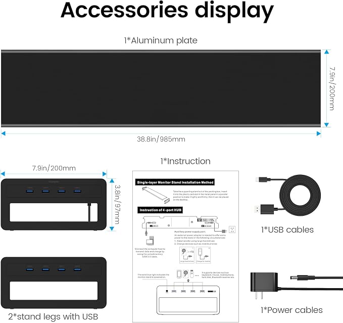 Vaydeer Dual Monitor Stand Computer Riser with USB 3.0 Hub Ports, Double Metal Stand for 2 Computer, TV, PC, Printer, Multi Media Speaker, Multifunctional Desktop Organizer