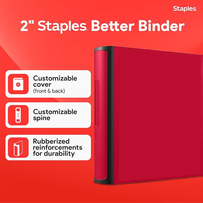 Staples Heavy-Duty 2-Inch D-Ring Binder, Red, Holds 540 Sheets | 3-ring binder with pockets for durable school and office document storage.