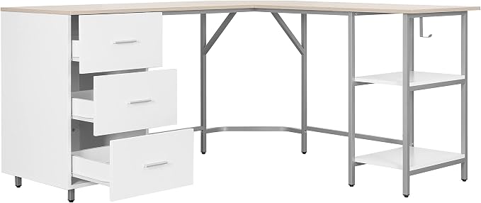 Techni Mobili 59" Two-Tone L‑Shaped Office Desk with Storage Shelves, Sand | 59" two‑tone L‑shaped desk with storage shelves, durable frame, modern corner workstation, spacious home office writing space