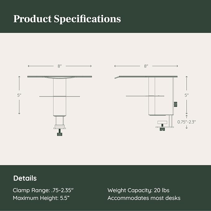 Branch Desk Perch, Elevated Desk Clamp Shelf for Monitors | Laptops, and Accessories, Powder-Coated Steel with Felt-Lined Platform, 2 Tier Organizer, White