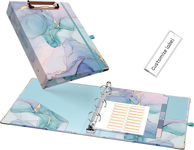 EYROZILL Mini Binder with Clipboard,3 Ring 1 Inch, for 5.5" x 8.5" Paper.A5 Binders with 5-Tab Dividers for School Office Supplies and Home, Green Marble