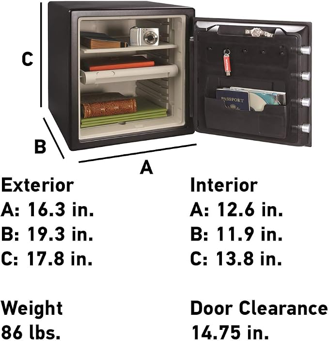 SentrySafe Fireproof and Waterproof Black Steel Home Safe with Dial Combination Lock for Cash, or Documents, 1.23 Cubic Feet, 17.8 x 16.3 x 19.3 x Inches, SFW123CU | Steel Safe Has Four Locking Bolts, Pry-resistant Hinge Bar, Shelf, Dial Combination Lo...