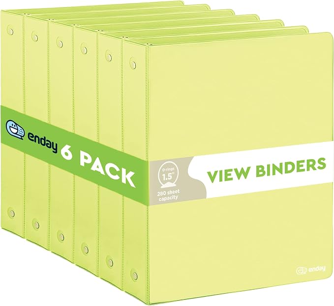 Enday 1.5 Inch Binder (6 Pack - Green) 3 Ring Binder 1.5 inch with Clear View Cover and 2 Inside Pocket - for Letter Size 8.5 x 11'' Paper, Ideal for School Supplies, Office, and Home