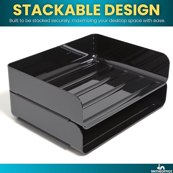 1InTheOffice Stackable Paper Tray Organizer, Plastic Letter Tray, Office Desk Tray, Black (4Pack)