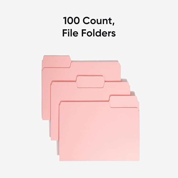 Smead Standard File Folders, 100 Count, Pink, 1/3-Cut Tabs, Letter Size (12643)