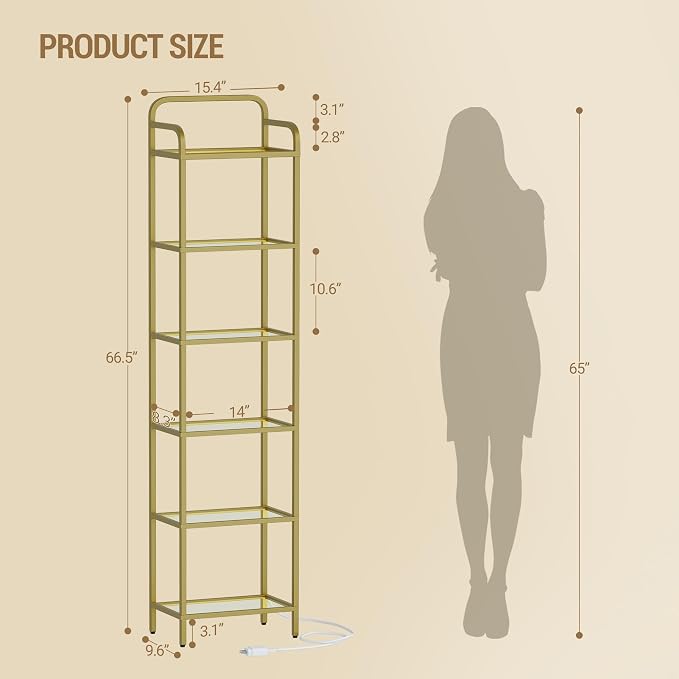 Hzuaneri Bookshelf, Tempered Glass Bookshelves with Lights and Steel Frame | Tall Narrow Bookcase, Display Shelf, Slim Shelving Unit for Living Room, Bedroom, 9.6"D x 15.4"W x 66.5"H Gold BC34699G