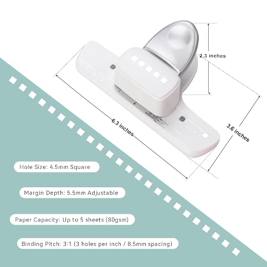 5-Hole Punch Square Paper Punch Manual Book Binding Machine with 20PCS 3:1 Pitch Plastic Spiral Binding Coils for Planners, Notebooks, Journals or Scrapbooks (Silver and White)