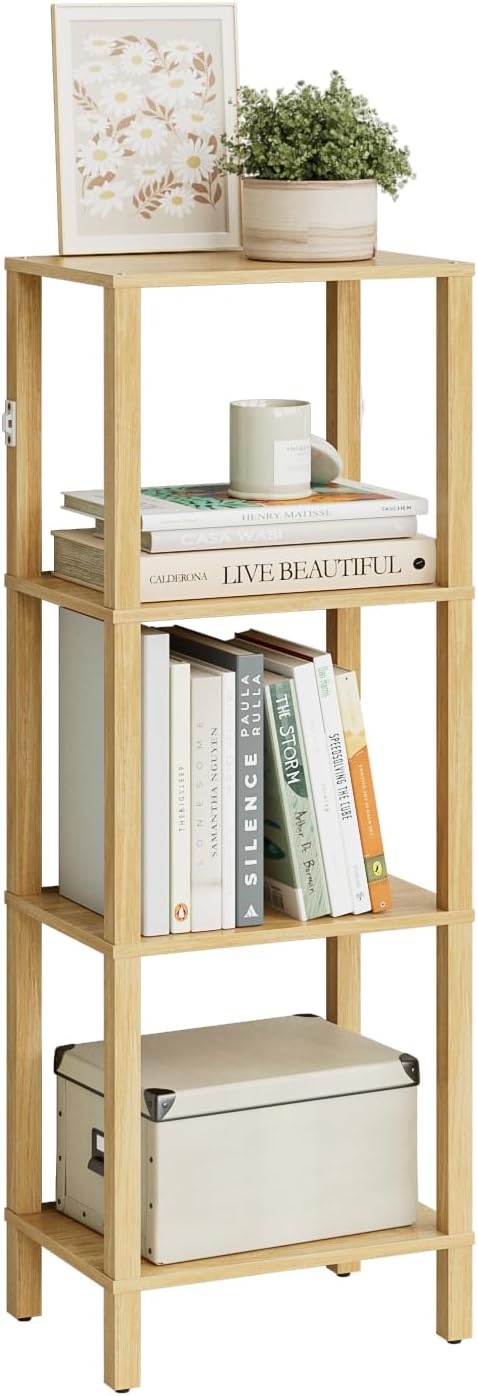 Open Book Shelf, 4 Tier Small Bookshelf, Freestanding Shelf Narrow Bookcase with Open Shelves, 14.96" x 10.63" x 41.26", Book Shelves for Living Room, Office, Study, Oak