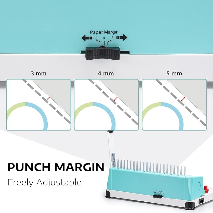 OFFNOVA Binding Machine, 21-Hole 450 Sheets Paper Comb Punch Binder Machine for Letter Size / A4 / A5 Paper, Easy to Punch Handle, Adjustable Margin, Mint with White Base