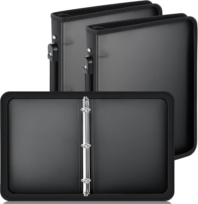 Teling 2 Pcs 2 Inch Zipper Binder 3 Ring Organizer, Black | Secure Zipper Closure, Refillable 3 Ring Design, Handle Carry, Fits Letter Size Papers for School, Office and Projects