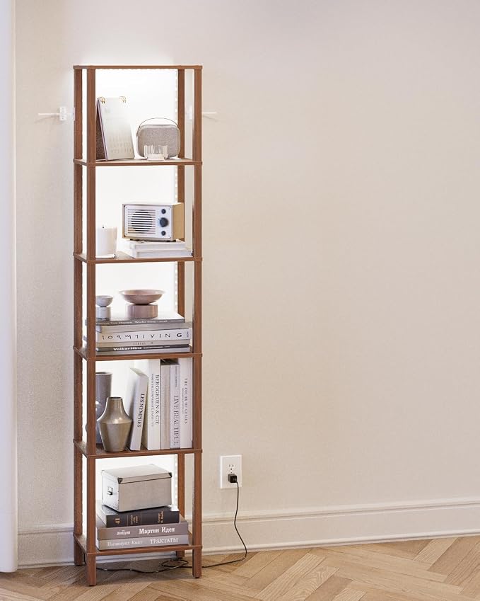 Open Book Shelf with LED Lights, 6 Tier Tall Bookshelf, Freestanding Shelf Narrow Bookcase with Open Shelves, 14.57" x 10.63" x 65.83", Book Shelves for Living Room, Office, Study, Walnut