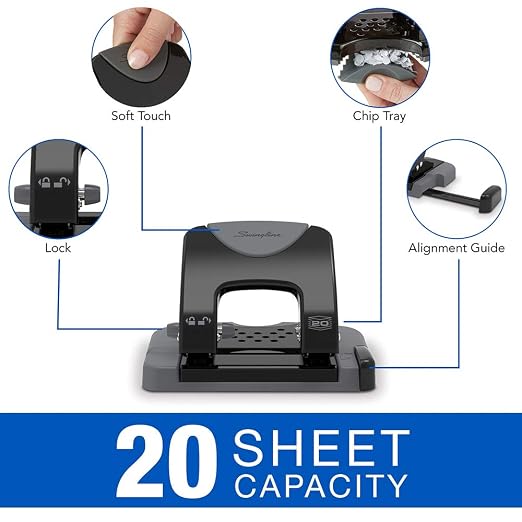 Swingline 2 Hole Punch, 20 Sheet Capacity Hole Puncher, Paper Punch, SmartTouch Low Effort Comfort Handle, Alignment Guide, Black & Gray (74135) (Pack of 6)