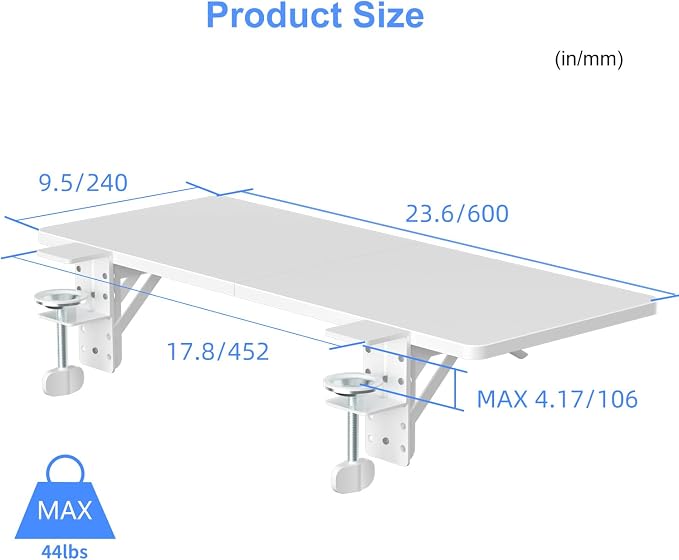 Suptek Clamp-on 9.5 x 23.6 inch Desk Extender, Wrist Support, Foldable Keyboard Tray Platform, Suitable for Office Desks, White, DSF3LW