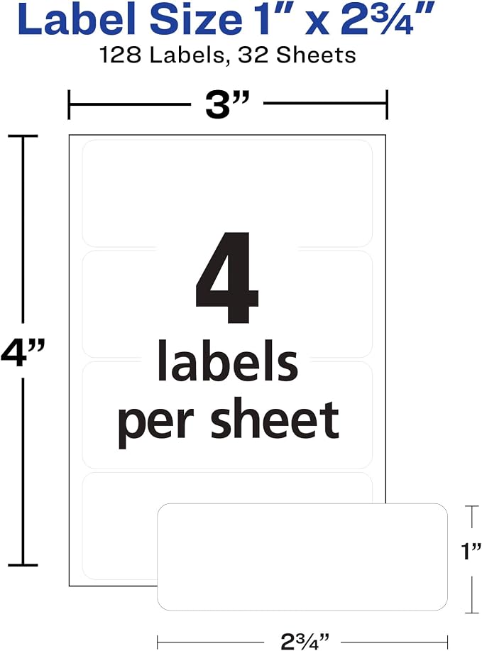 Avery Multi-Use Removable Labels, 1" x 2.75", White, Non-Printable, 128 Blank Labels Per Pack, 4,608 Total (36 Packs of 6113)