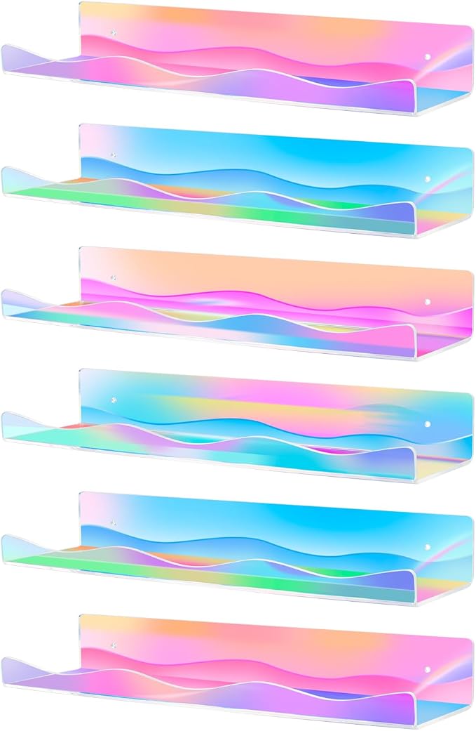 6 Pack Iridescent Acrylic Floating Shelves, 15.7" Clear Acrylic Display Shelves Bookshelf Wall Mounted, Bathroom Kids Room Home Storage Wall Decor Ledge Shelf for Skincare, Perfume, Nail Polish
