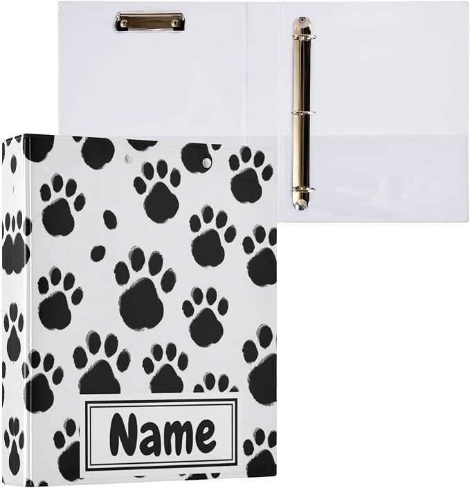 Custom 3 Ring Binder Black Paws Print 1.5" Round Ring Binders Personalized Name View Binder with 200 Sheet for Kids School Supplies Women Men Office, 1 Pack
